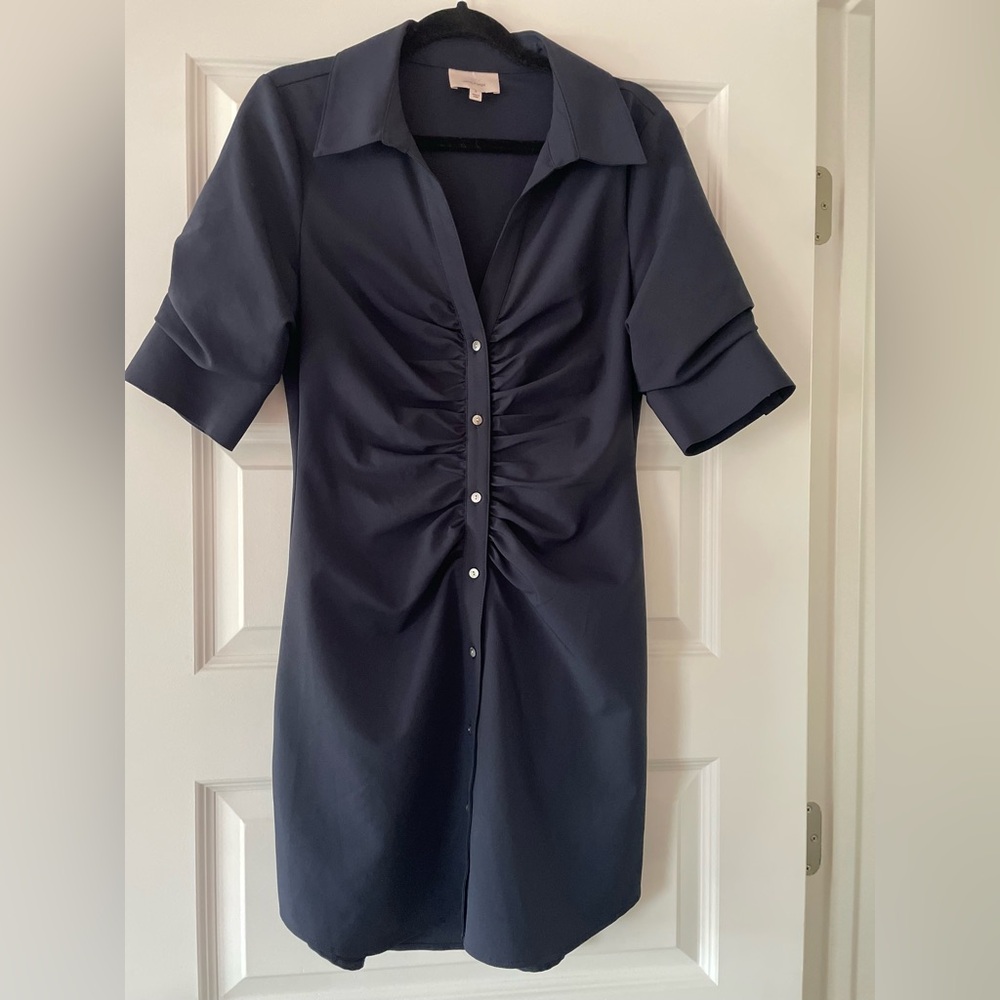 Cinq Γ Sept Dark Elina Gathered Mini-Shirtdress, Navy, Size 6 - Picture 5 of 10
